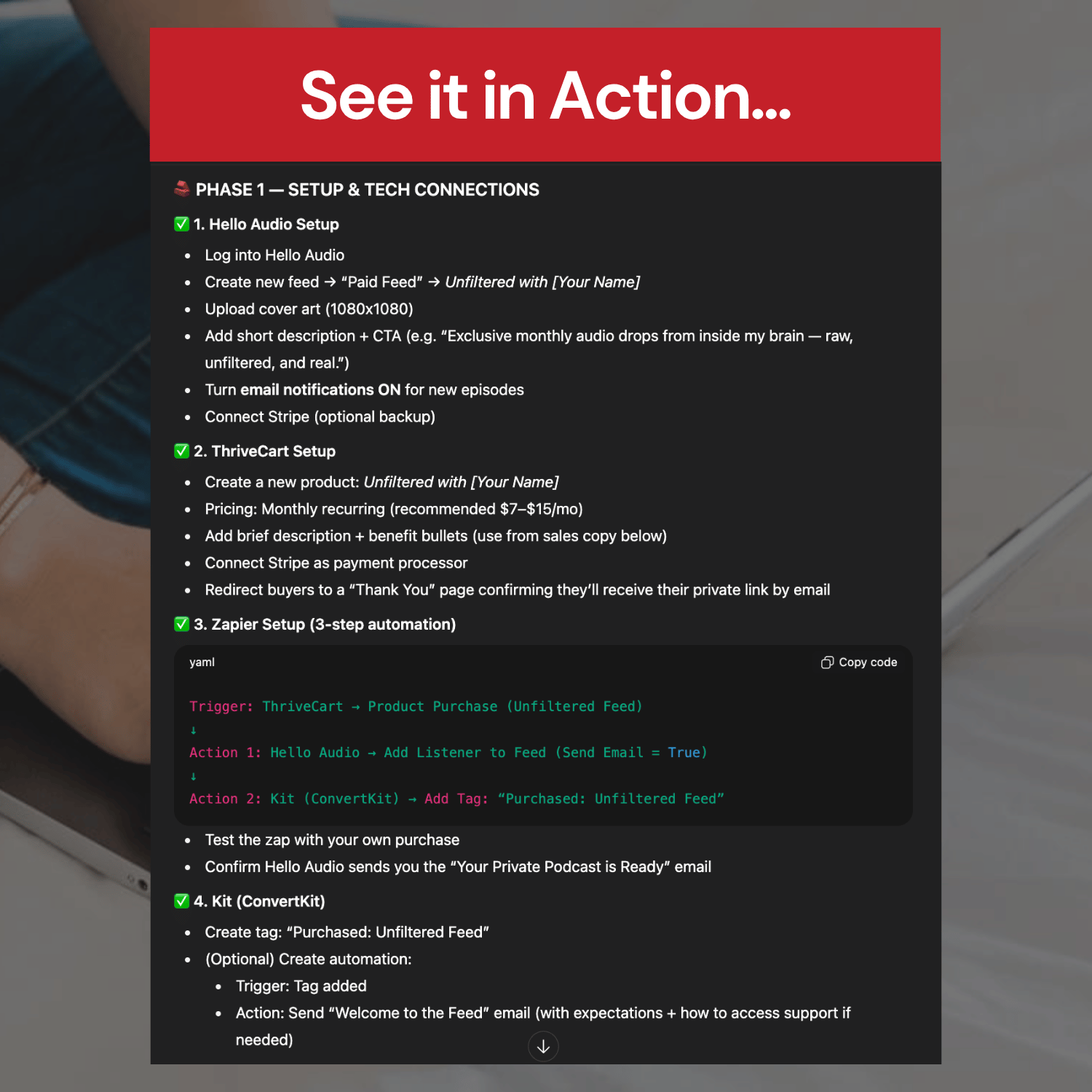Instructions for setting up audio and ThriveCart with a Zapier automation on a black background.