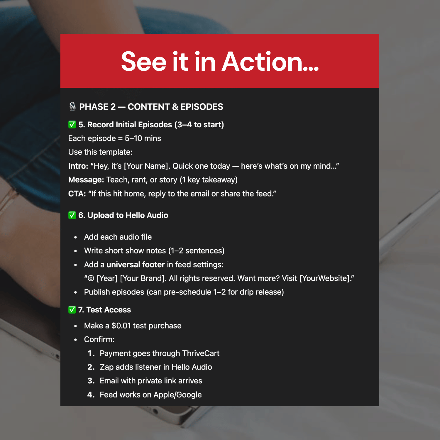 Instructions for recording and uploading audio episodes with a red and black overlay.