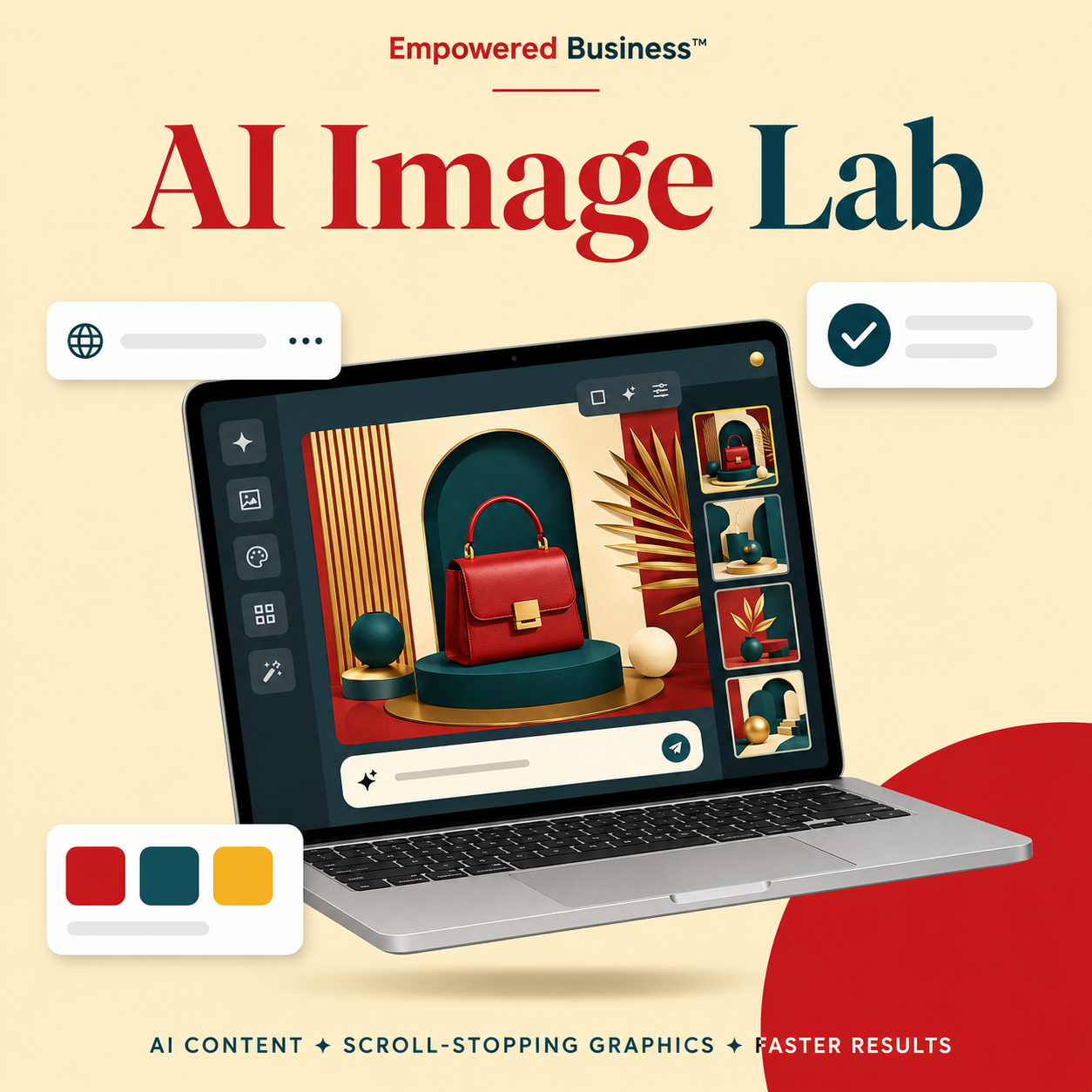 Laptop displaying an AI image lab tool with a red handbag on a beige background, featuring the 'Empowered Business' logo.