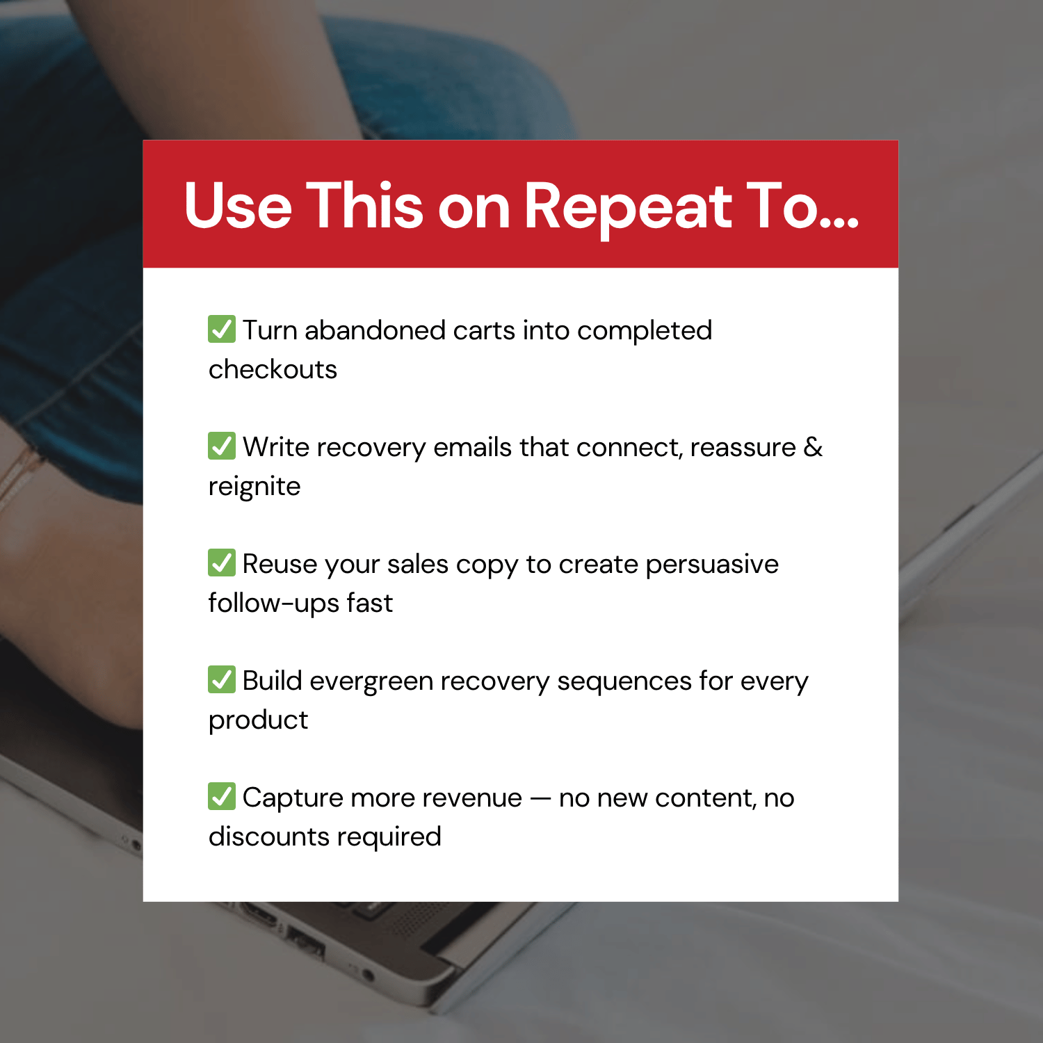 Text overlay with tips on using a strategy to convert abandoned carts and recover customers.