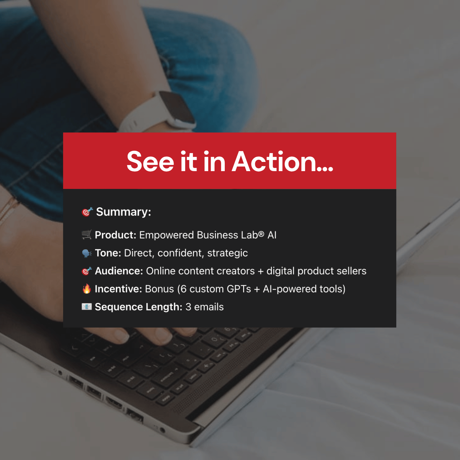 Person using a laptop with a promotional overlay about the Empowered Business Lab AI product.