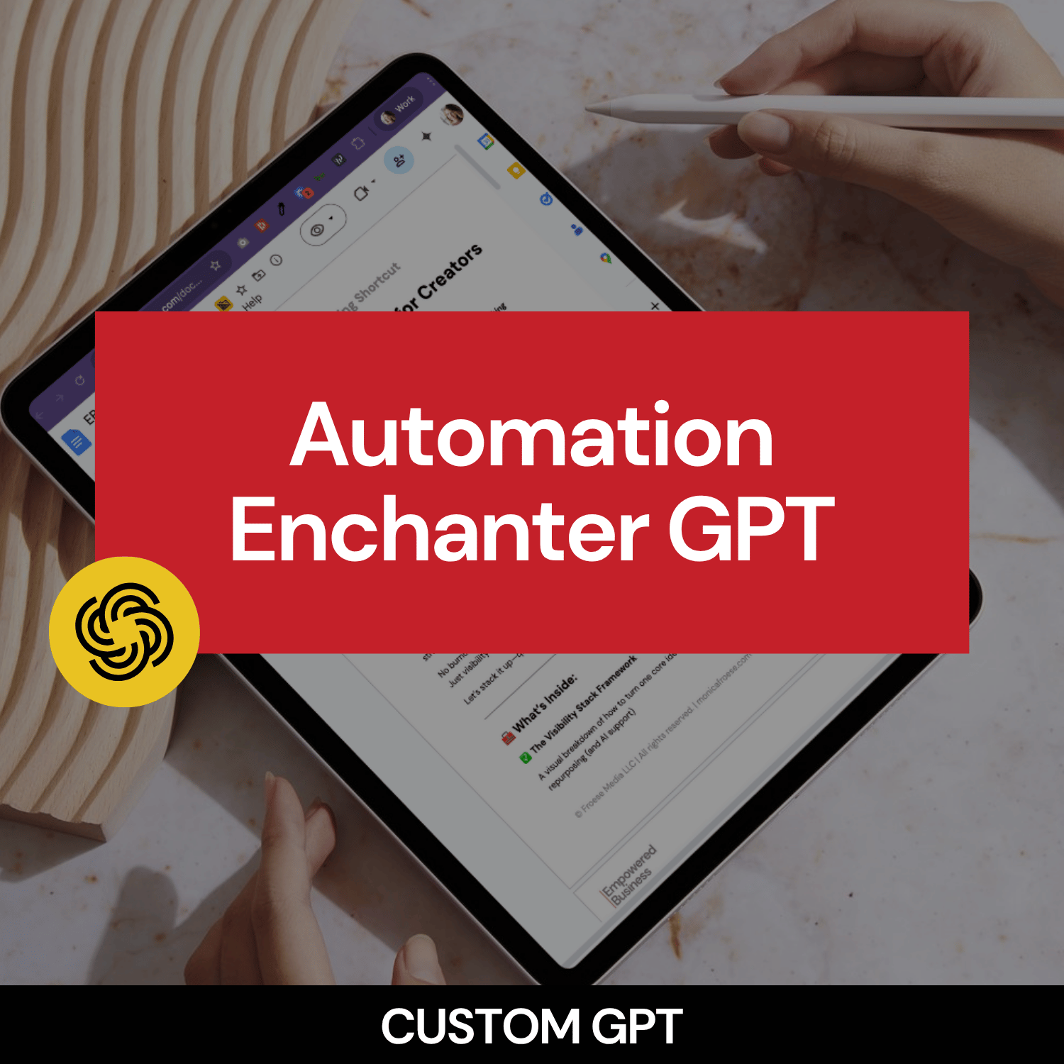 Tablet displaying Automation Enchanter GPT with a red banner and logo.