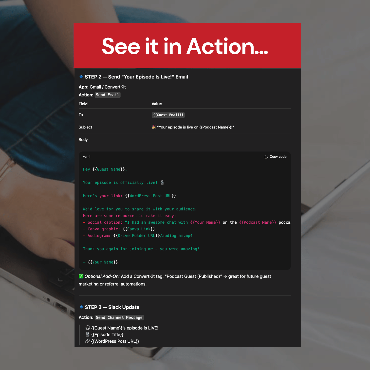 Screen with email marketing automation steps for a podcast episode on a blurred background