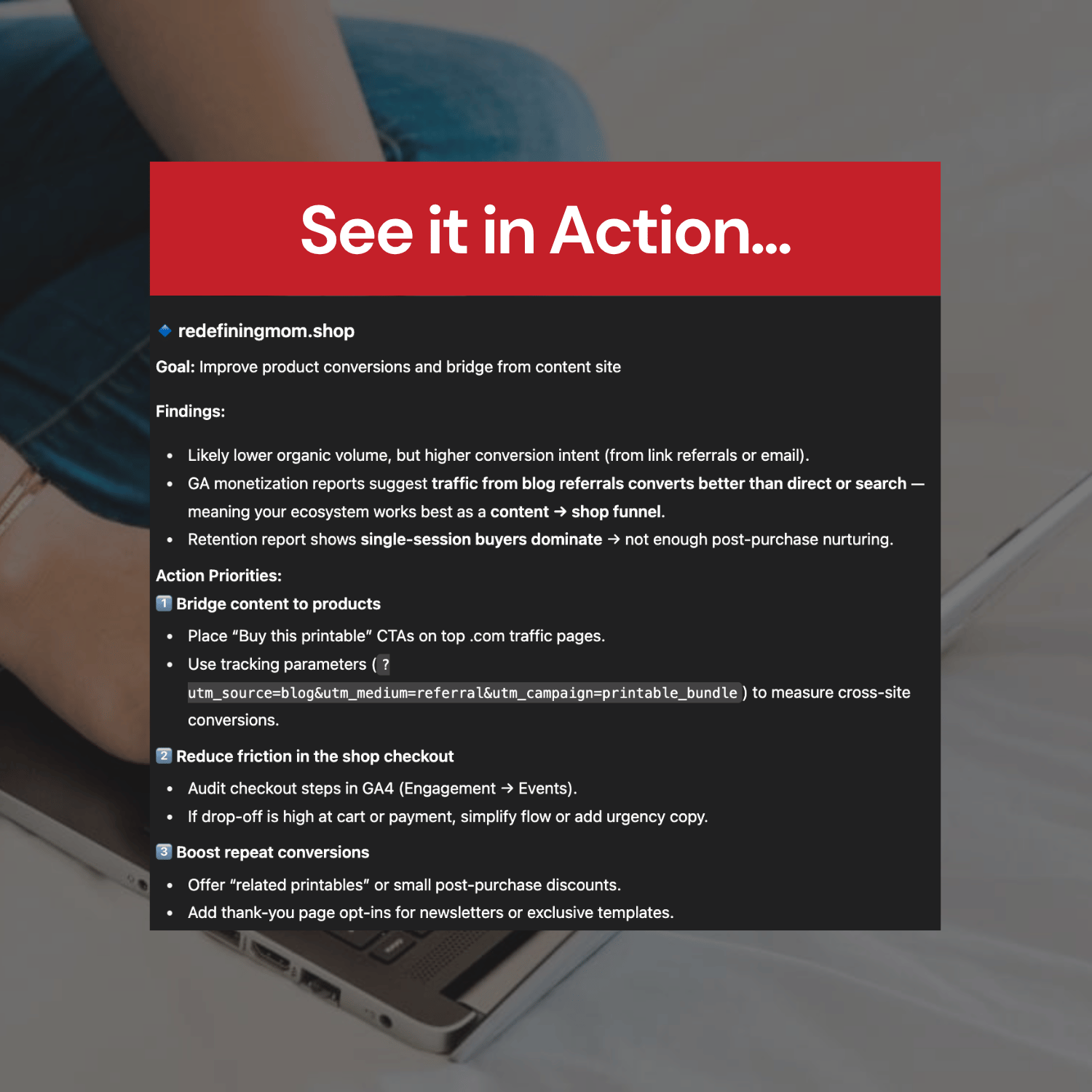 Text overlay on a blurred background with 'See it in Action' and 'redefiningmom.shop' details.