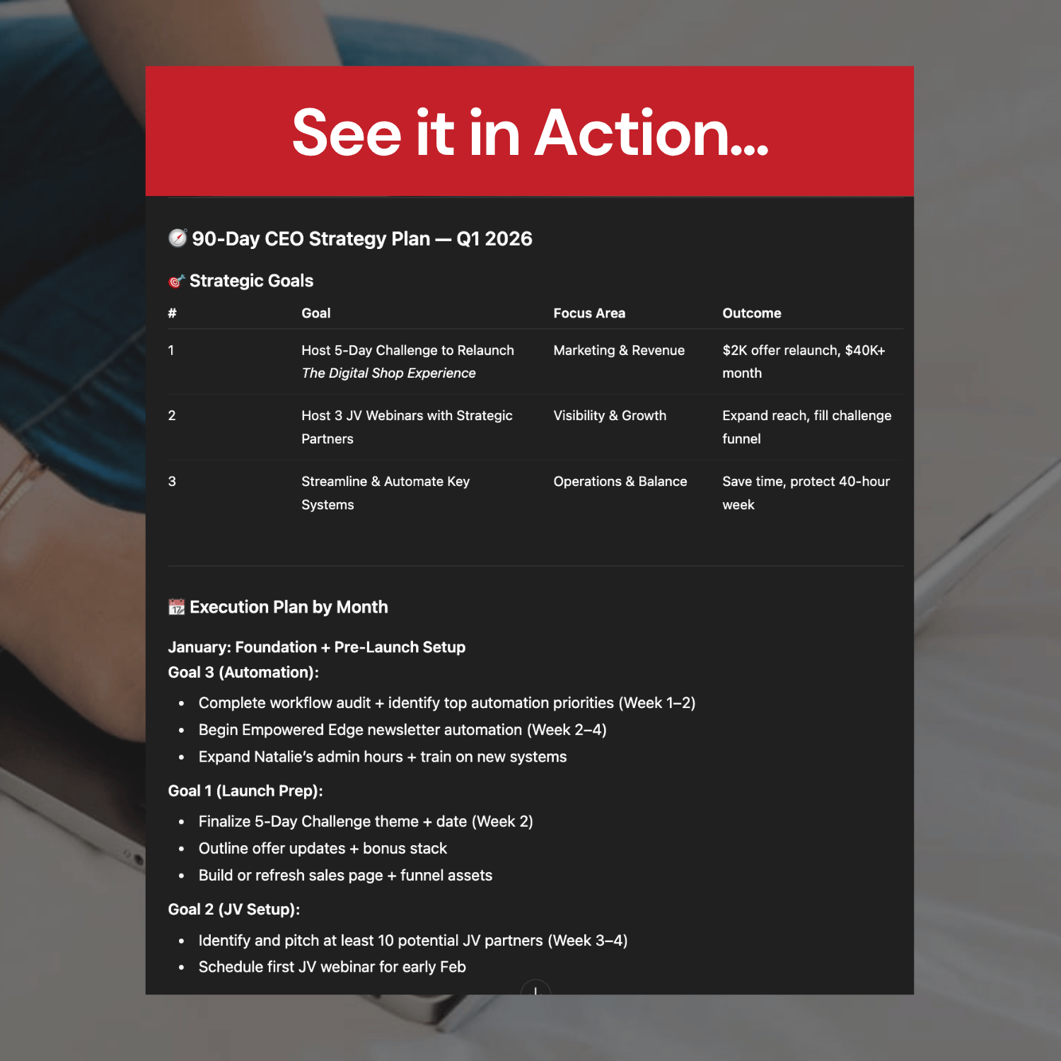 90-Day CEO Strategy Plan Q1 2026 with goals and execution plan displayed on a screen.