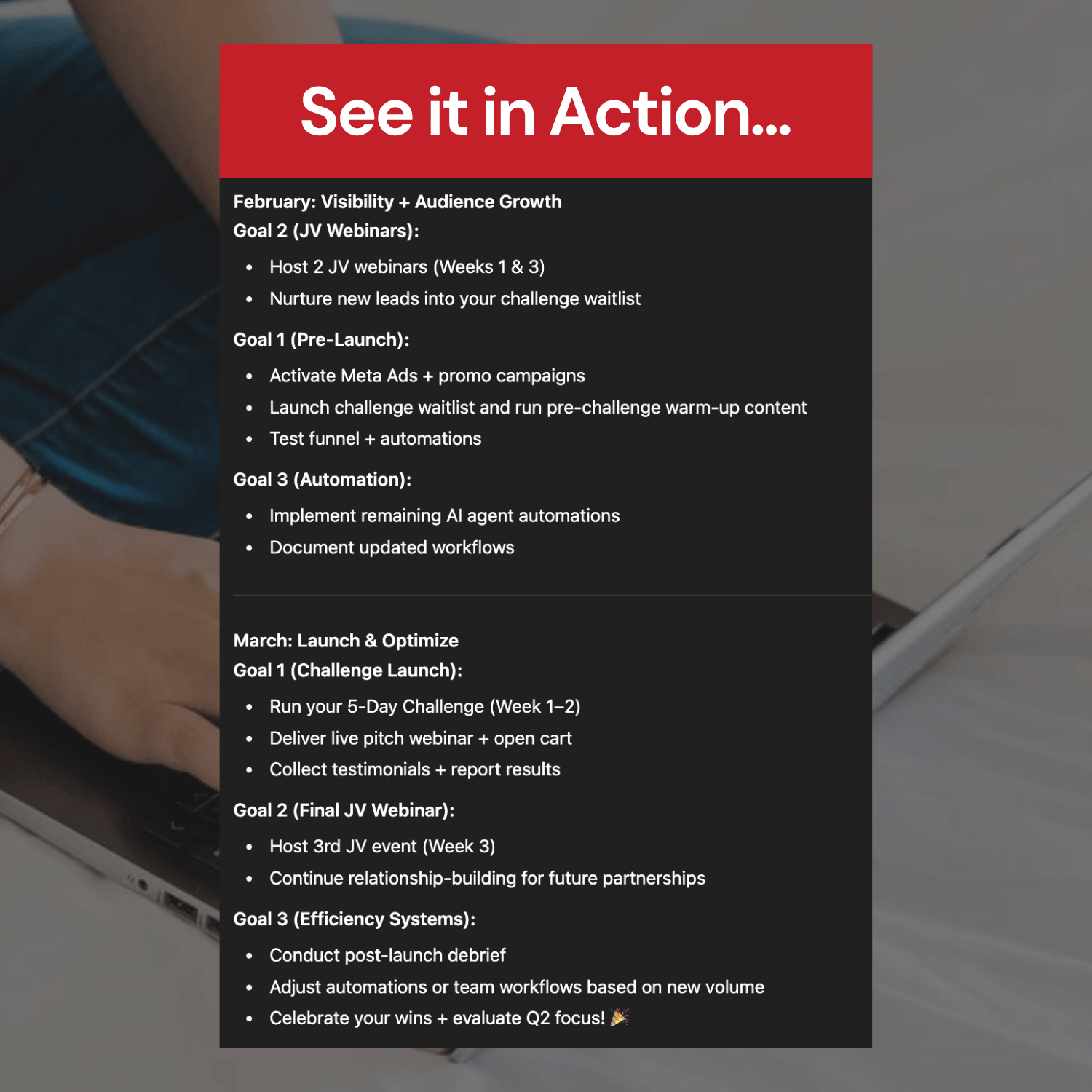 Action plan with goals and tasks for February and March, overlaid on a blurred background of a person using a laptop.