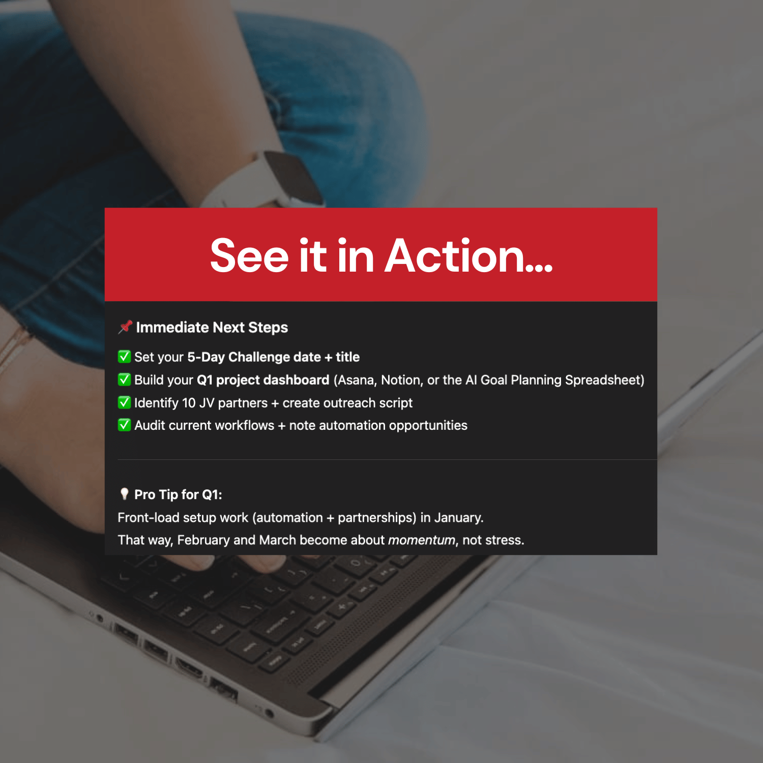 Person using a laptop with a text overlay about project planning steps.
