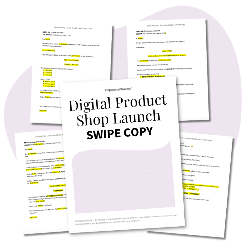 digital product shop launch swipe copy mockup emails to launch your digital product shop