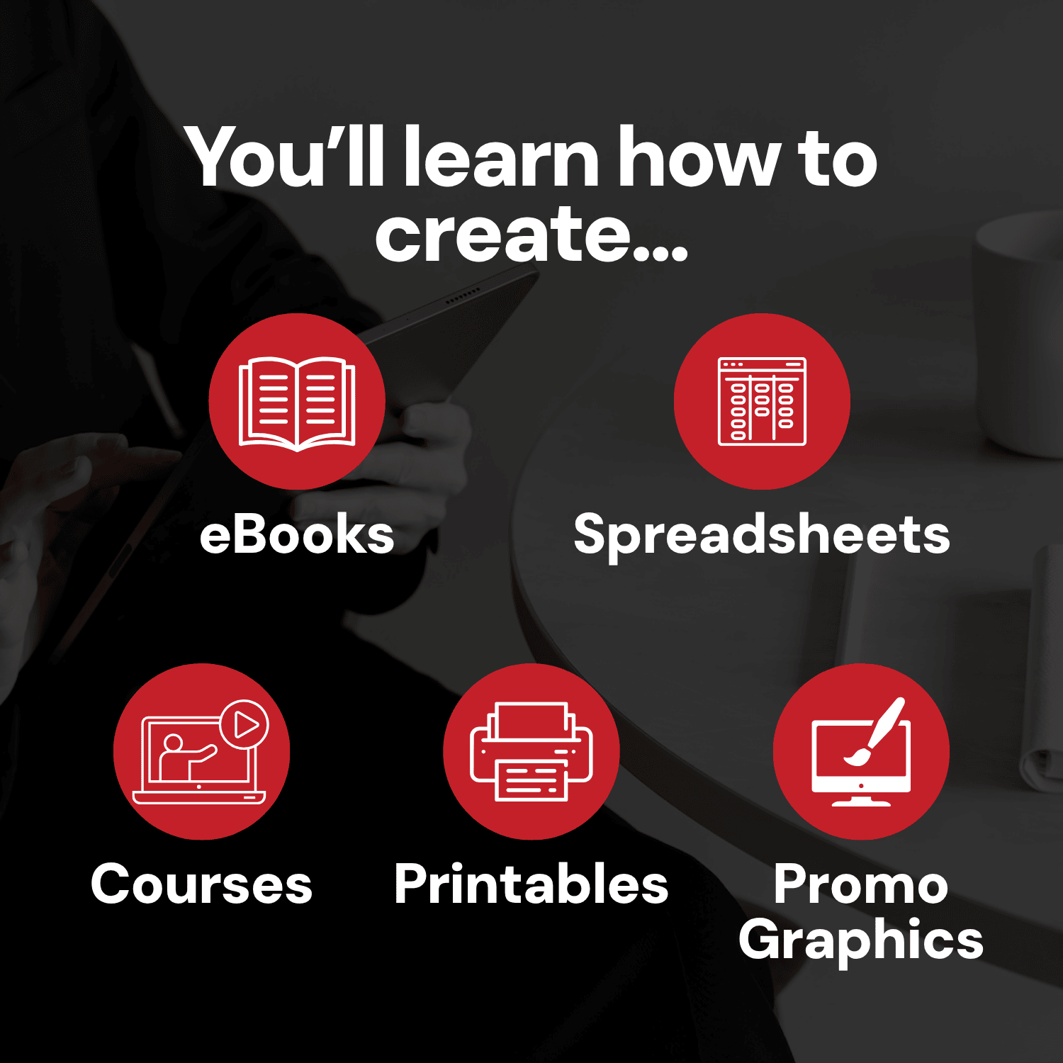 Digital Products That Scale AI what you'll learn to create including high-converting eBooks, spreadsheets, courses, printables, promo graphics