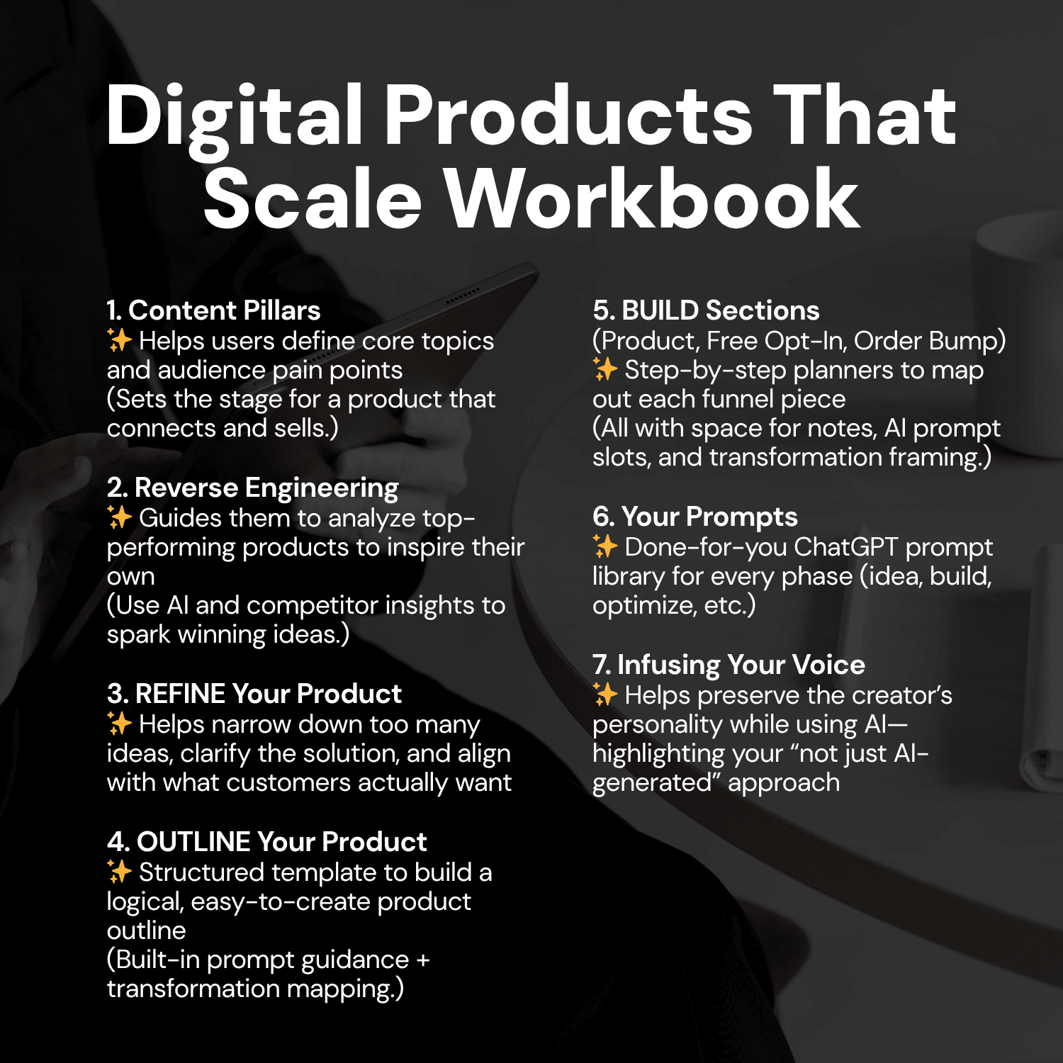 Digital Products That Scale AI workbook includes 7 powerful tabs to create a high-converting digital product with the help of AI.