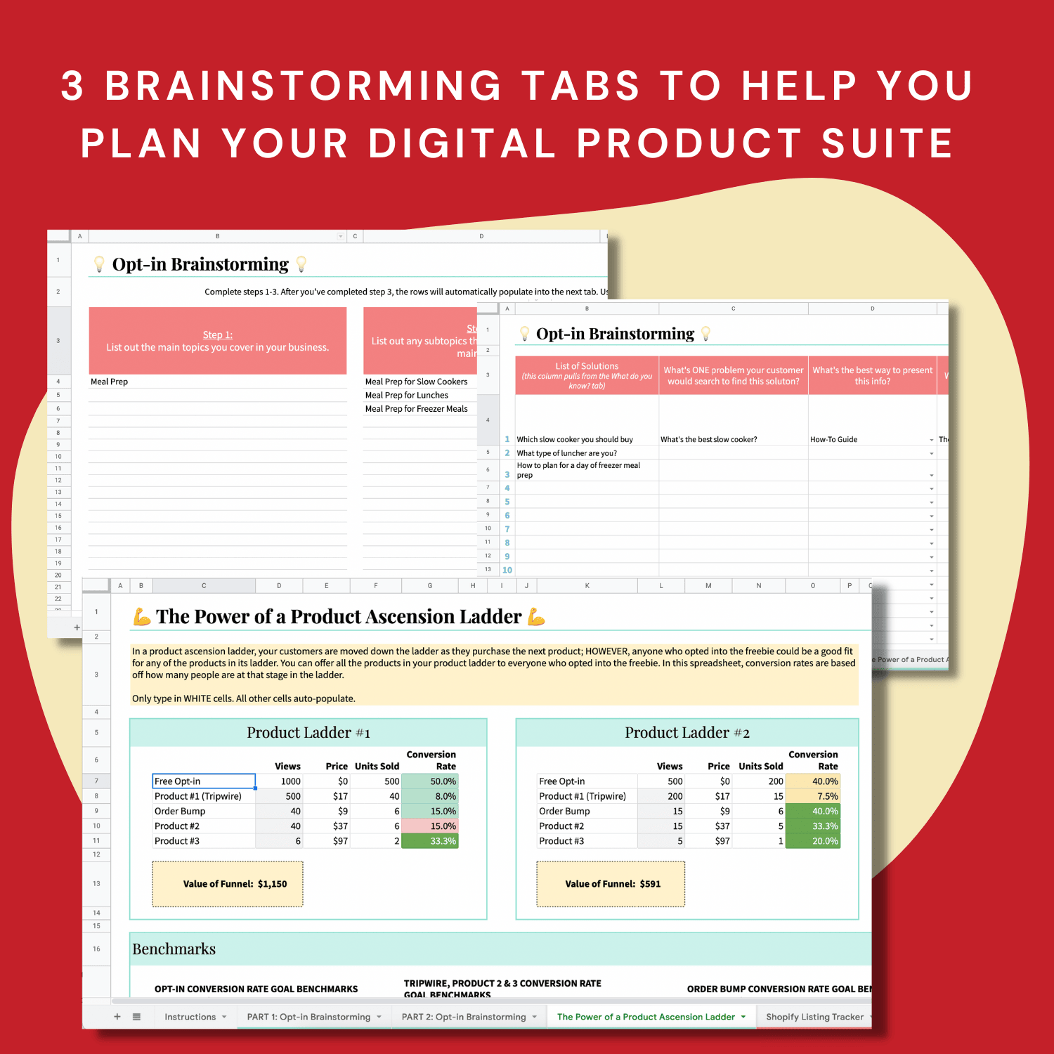 Digital Product Business Planner Spreadsheet Brainstorming Tabs
