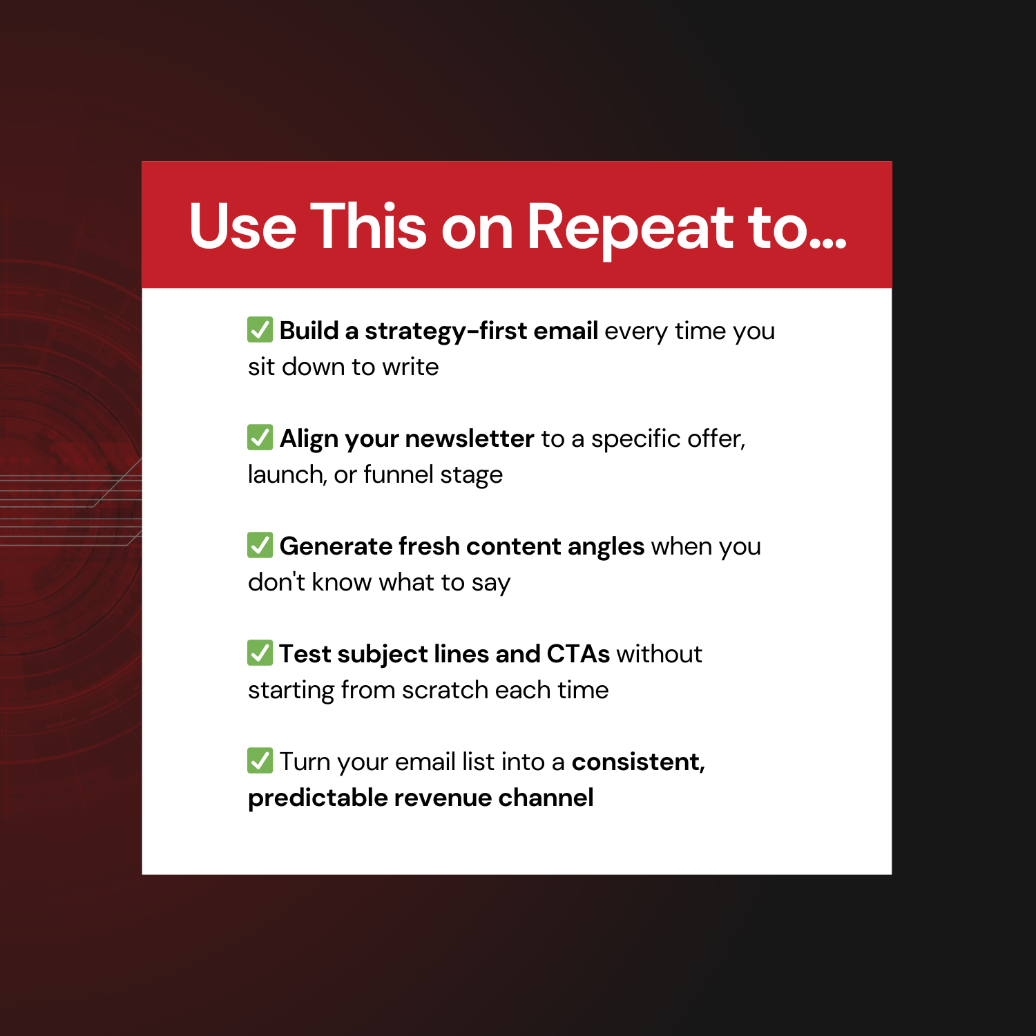 Red and white text box with tips on email strategy on a dark red background