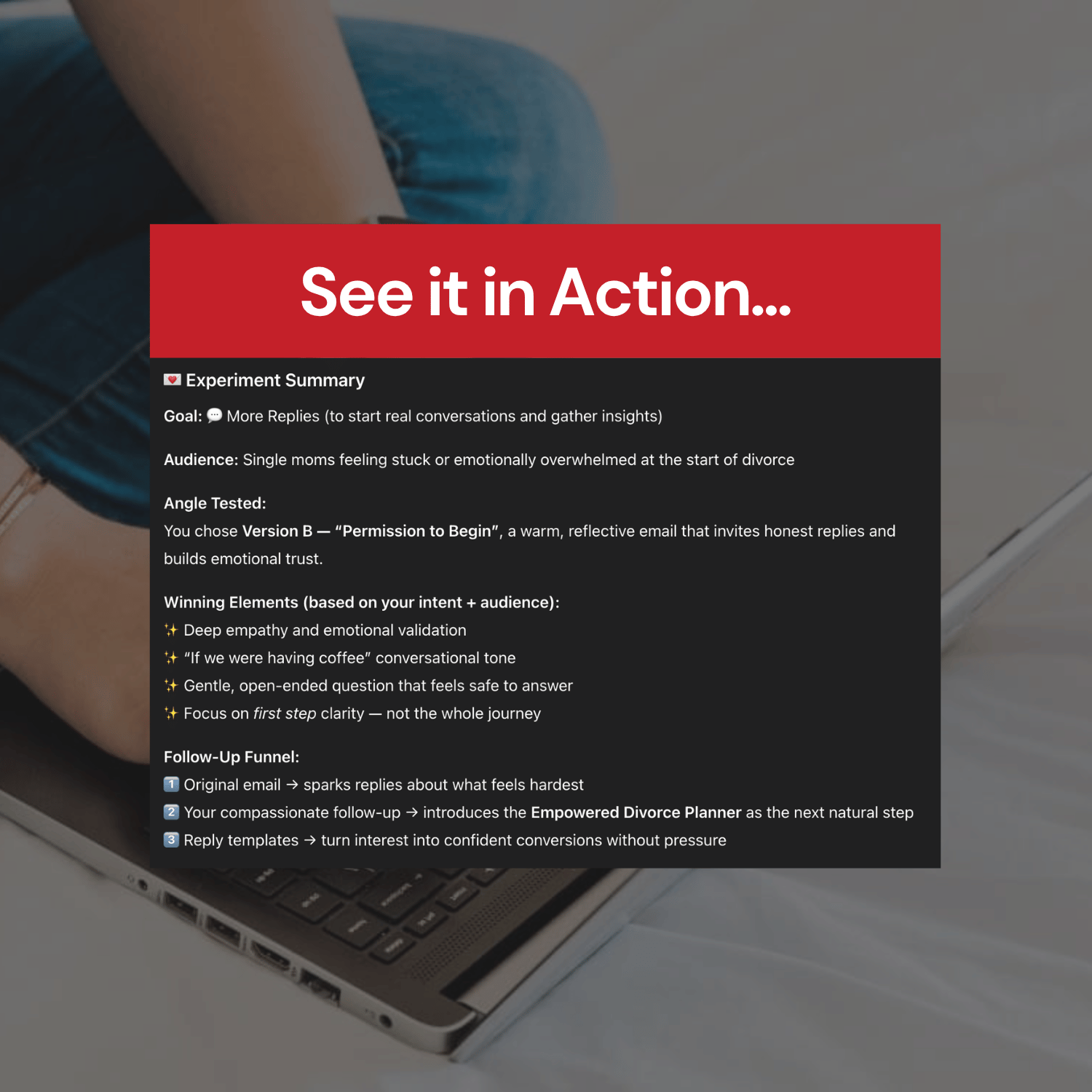 Laptop screen displaying a document titled 'See it in Action' with text about an experiment summary.