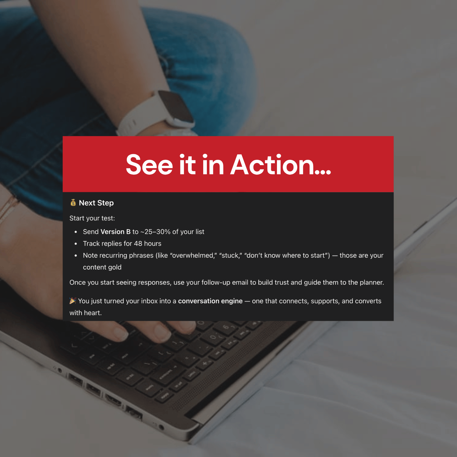 Person using a laptop with text overlay about starting a test and using a follow-up email.