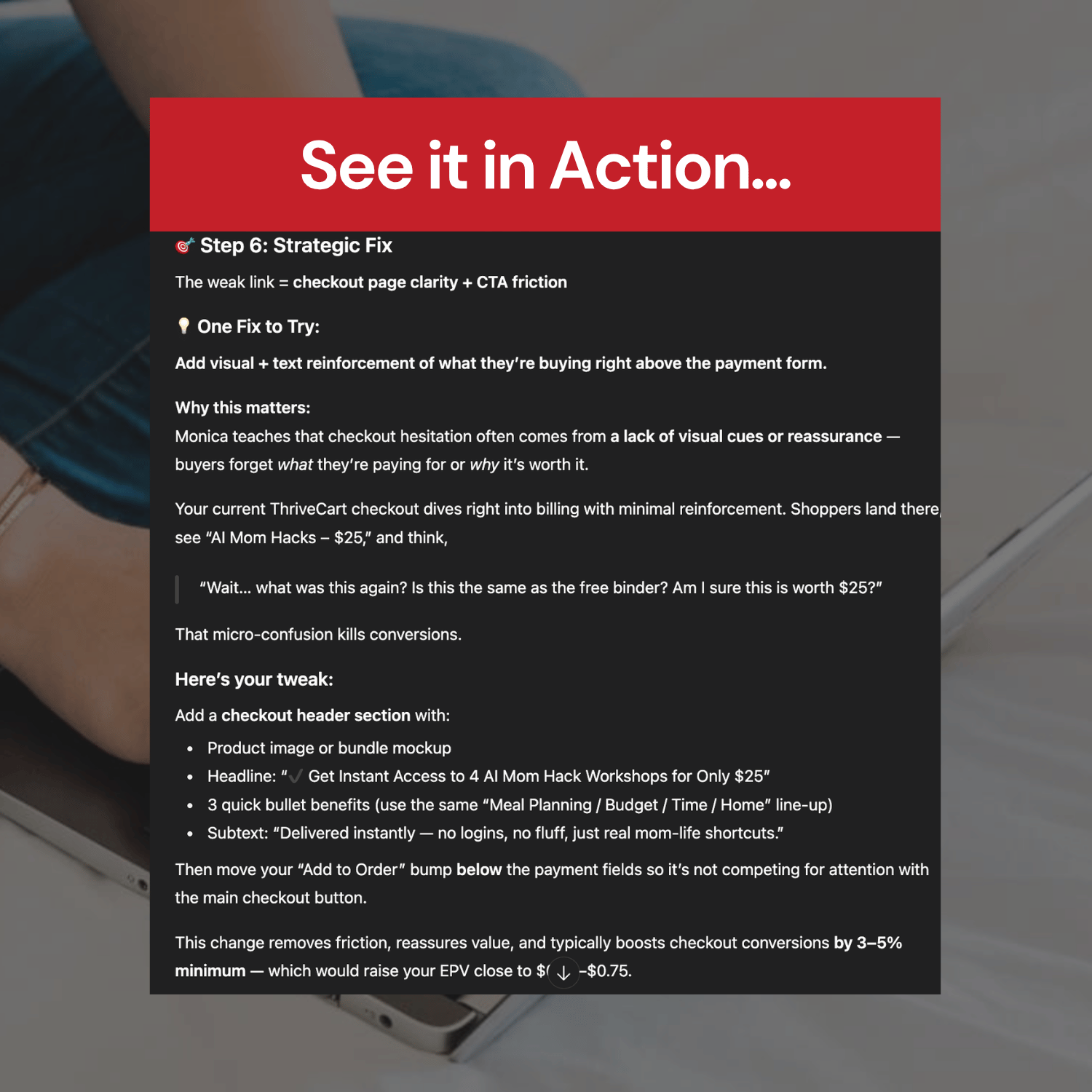 Text overlay on a blurred background with 'See it in Action' and 'Step 6: Strategic Fix' details.