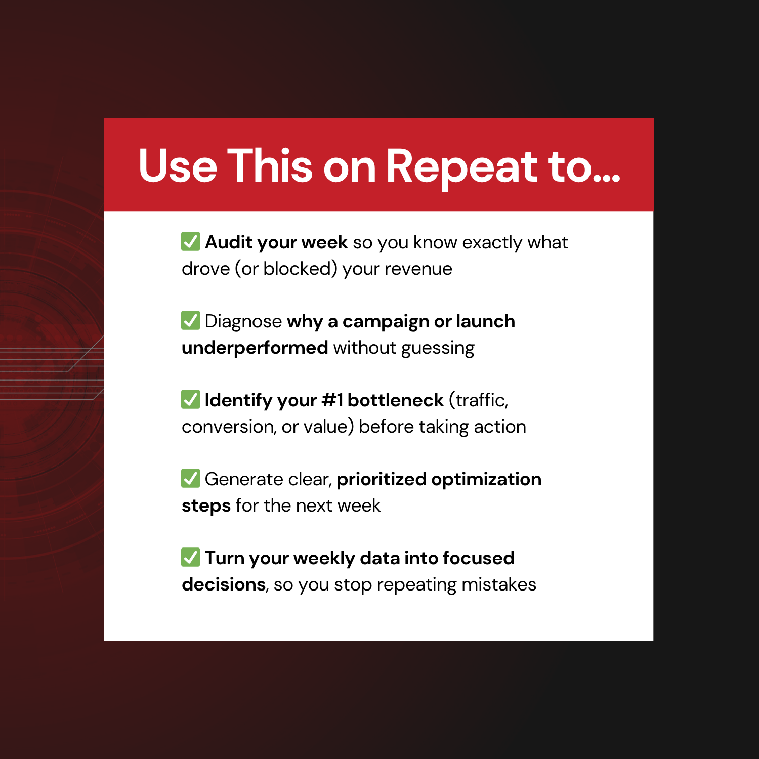 Checklist on a red and white background with text about using data for decision-making.