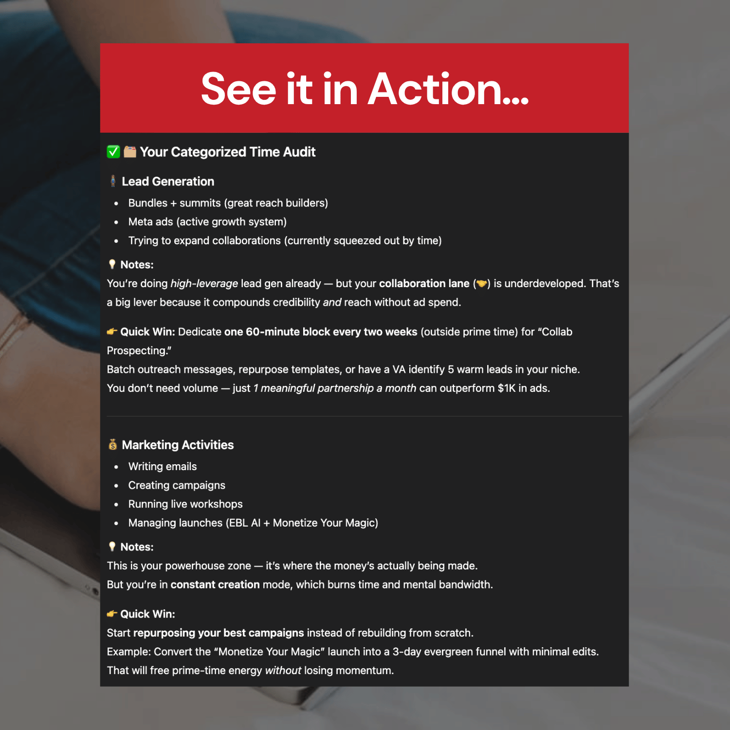 Screen with categorized time audit and action items on a blurred background
