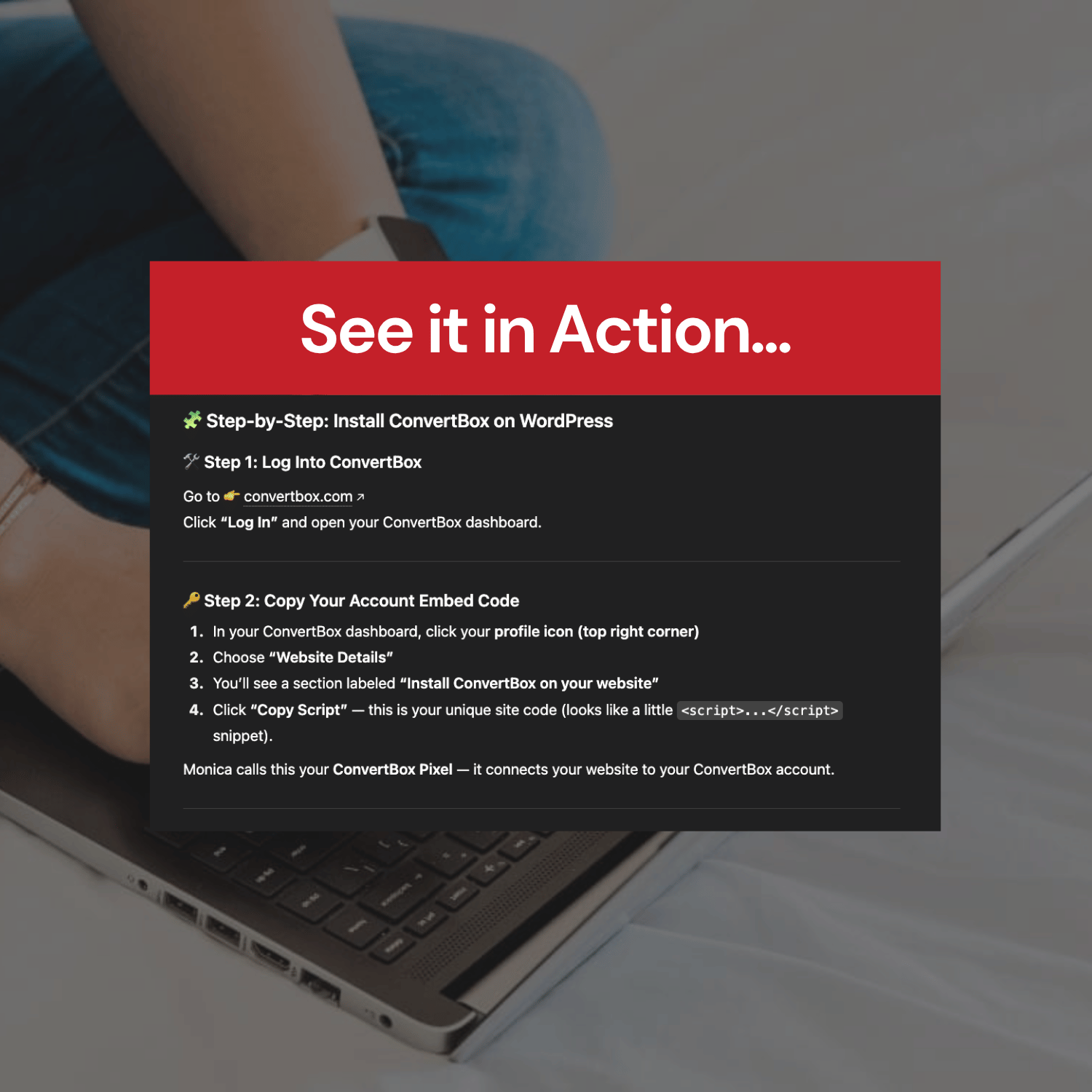 Instructions on how to install ConvertBox on WordPress with a red banner and text overlay.
