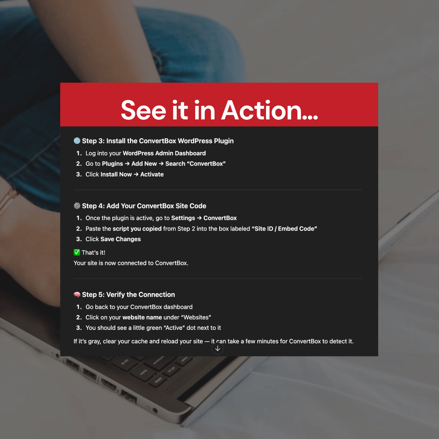 Instructions for using ConvertBox WordPress plugin displayed on a screen with a blurred background.