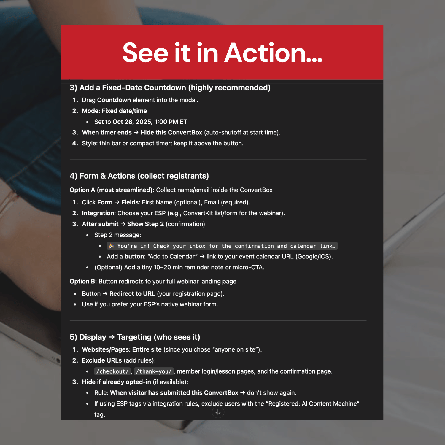 Instructions for using a software tool with a red banner and black text overlay.