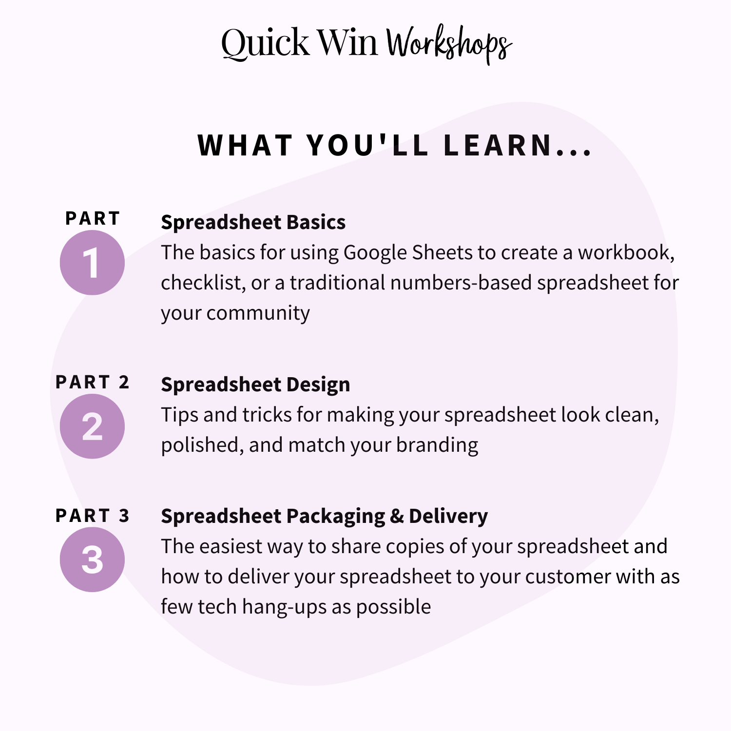 What you'll learn in the Quick Win Workshop: How to Create and Package a Spreadsheet to Sell as a Digital Product