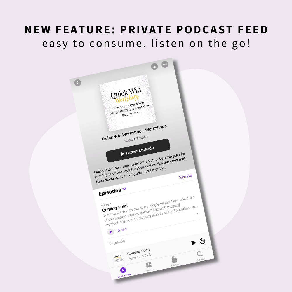 mockup of apple podcast for quick win workshops on running profitable workshops in your online business