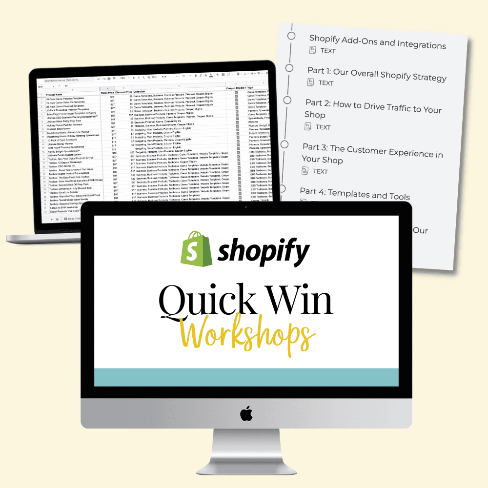 mockup of ultimate shop launch toolkit - quick win workshop on Shopify for digital products
