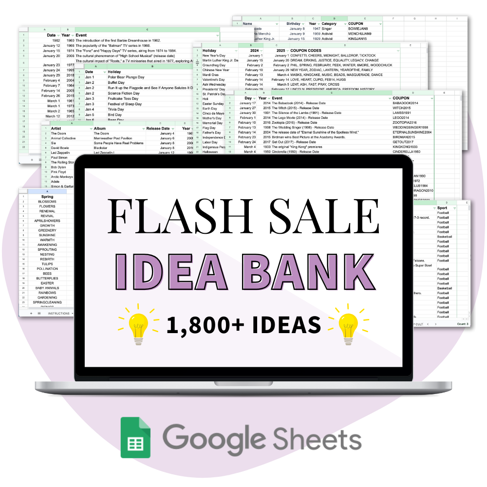Flash Sale Idea Bank Spreadsheet - 1800+ ideas for your flash sales