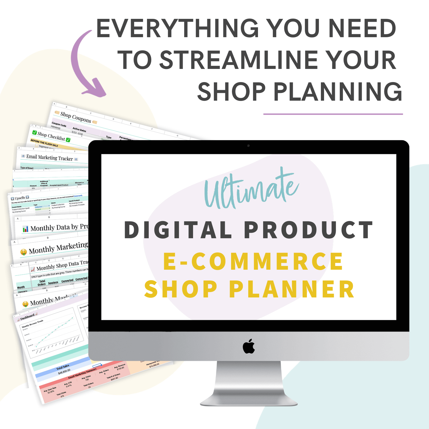 mockup of the ultimate digital product e-commerce shop planner track your shop listings, email marketing, flash sales, and shop analytics