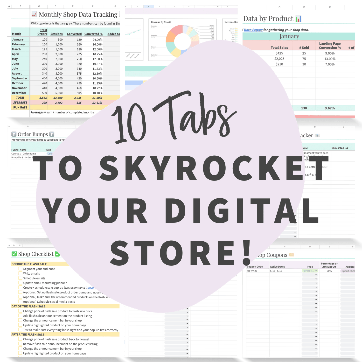 mockup of 10 tabs to skyrocket your digital store with the ultimate digital product e-commerce shop planner track your shop listings, email marketing, flash sales, and shop analytics