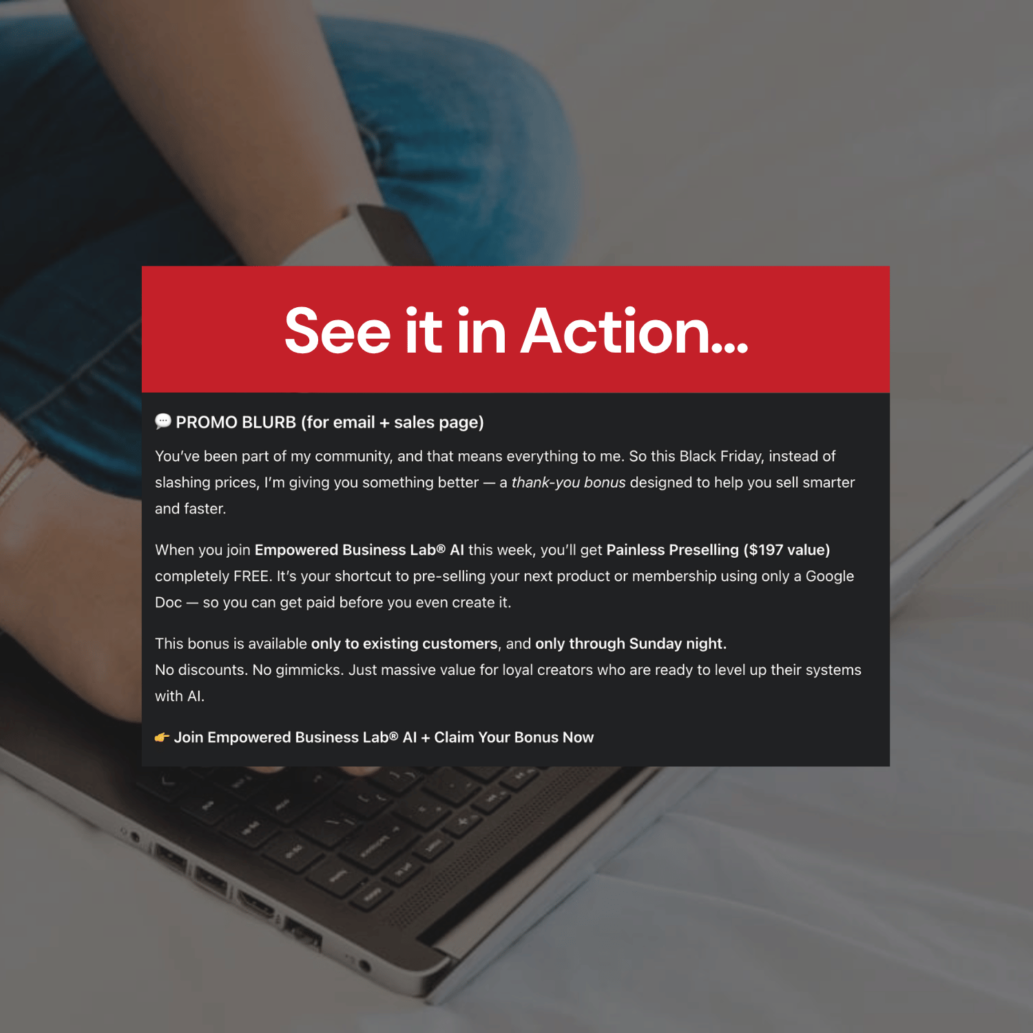 Promotional text overlay on a blurred background of a person using a laptop.