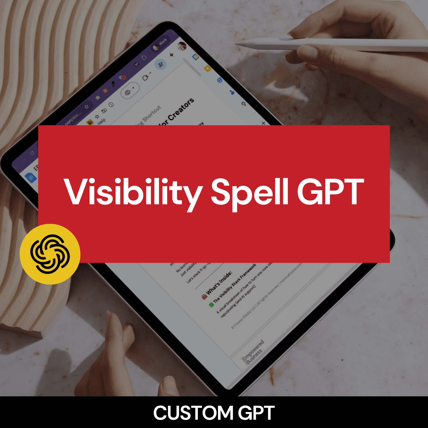 Tablet displaying a software interface with 'Visibility Spell GPT' branding on a blurred background.