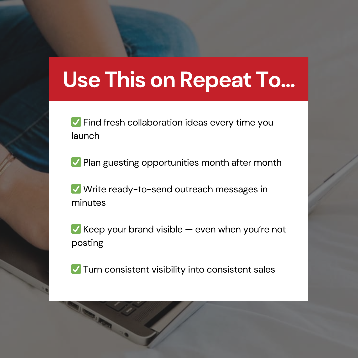 Promotional graphic with text on collaboration ideas and benefits, overlaid on a blurred background of a person using a laptop.