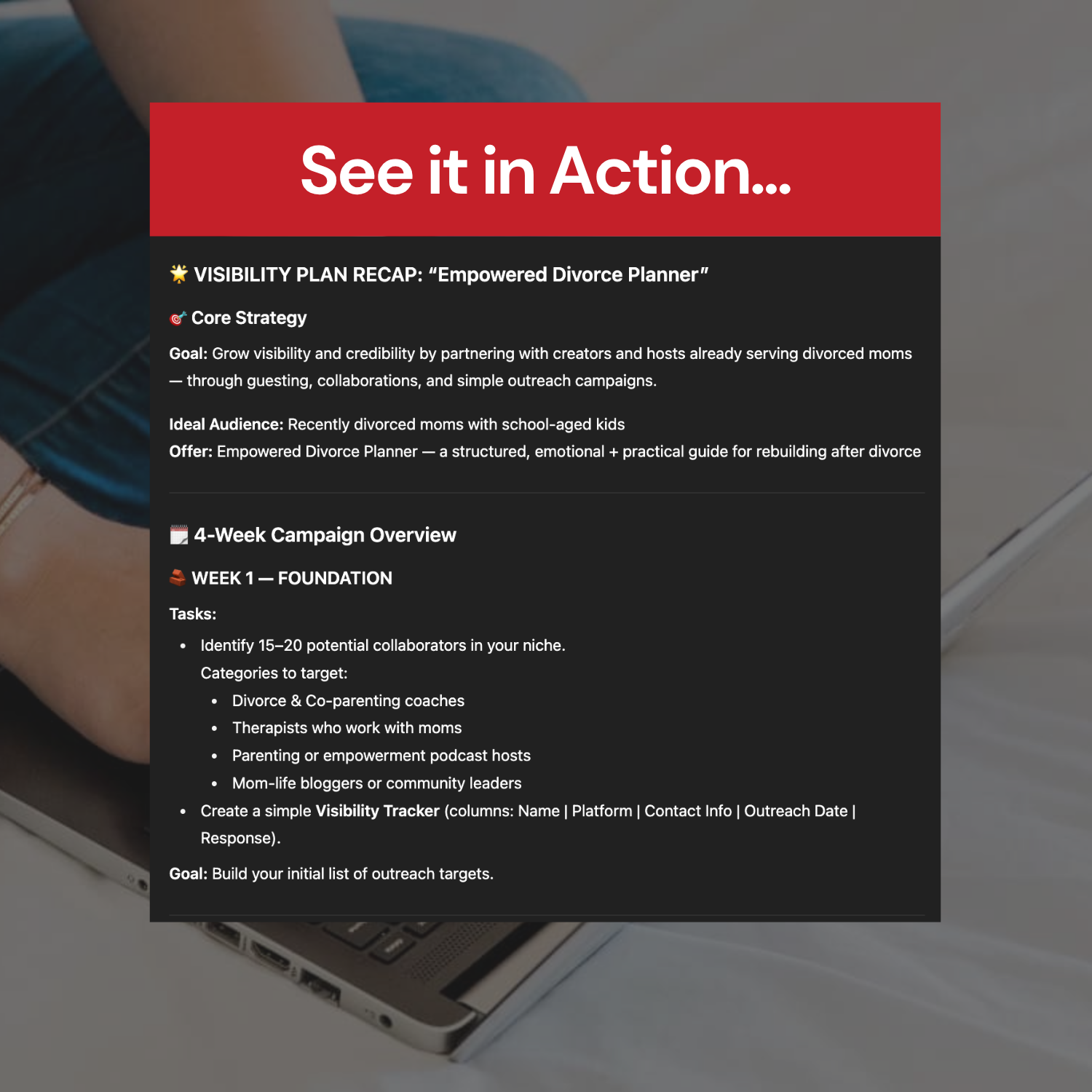 Visibility plan recap for 'Empowered Divorce Planner' with text and a laptop in the background.