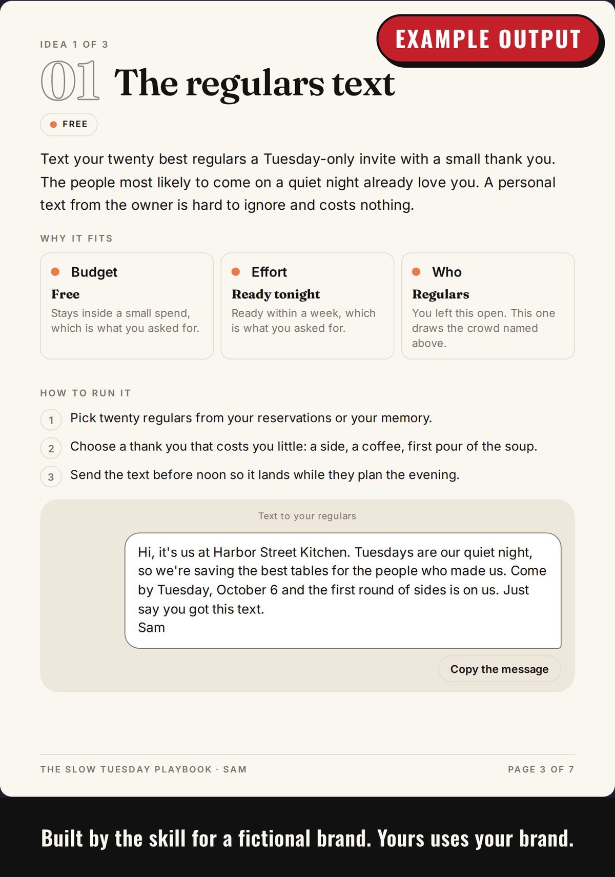 Example output: page for a kept idea with why it fits, three steps and a message ready to send