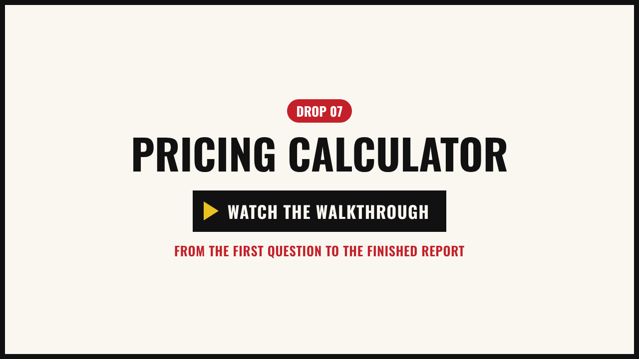 Walkthrough video: the example pricing calculator, from the first click to the personal report
