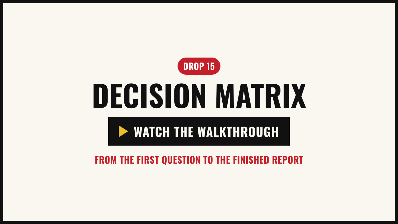 Walkthrough video: the example decision grid, from naming the options to the personal report