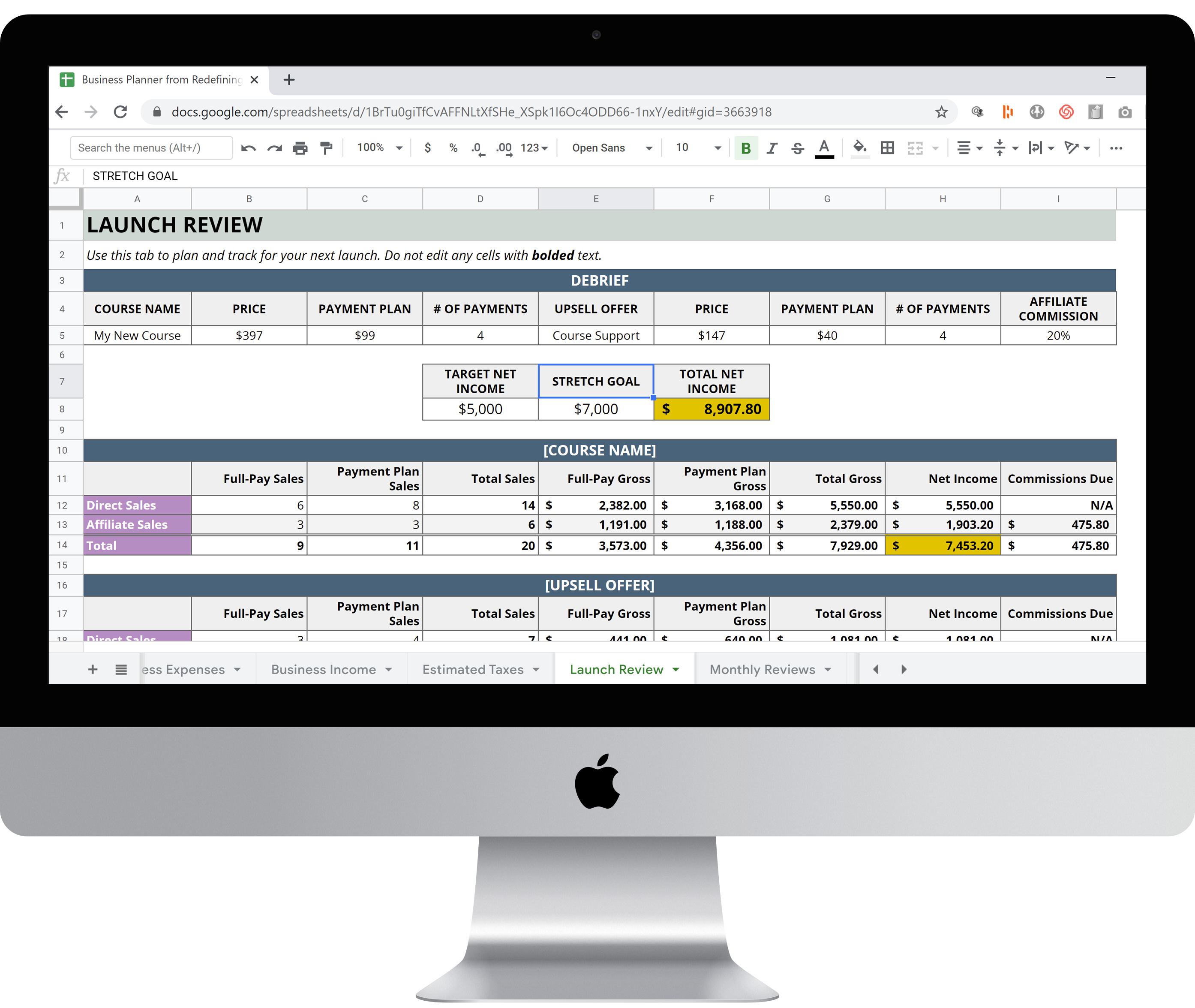 imack mockup showing the launch review tab of the ceo business planning spreadsheet for digital products