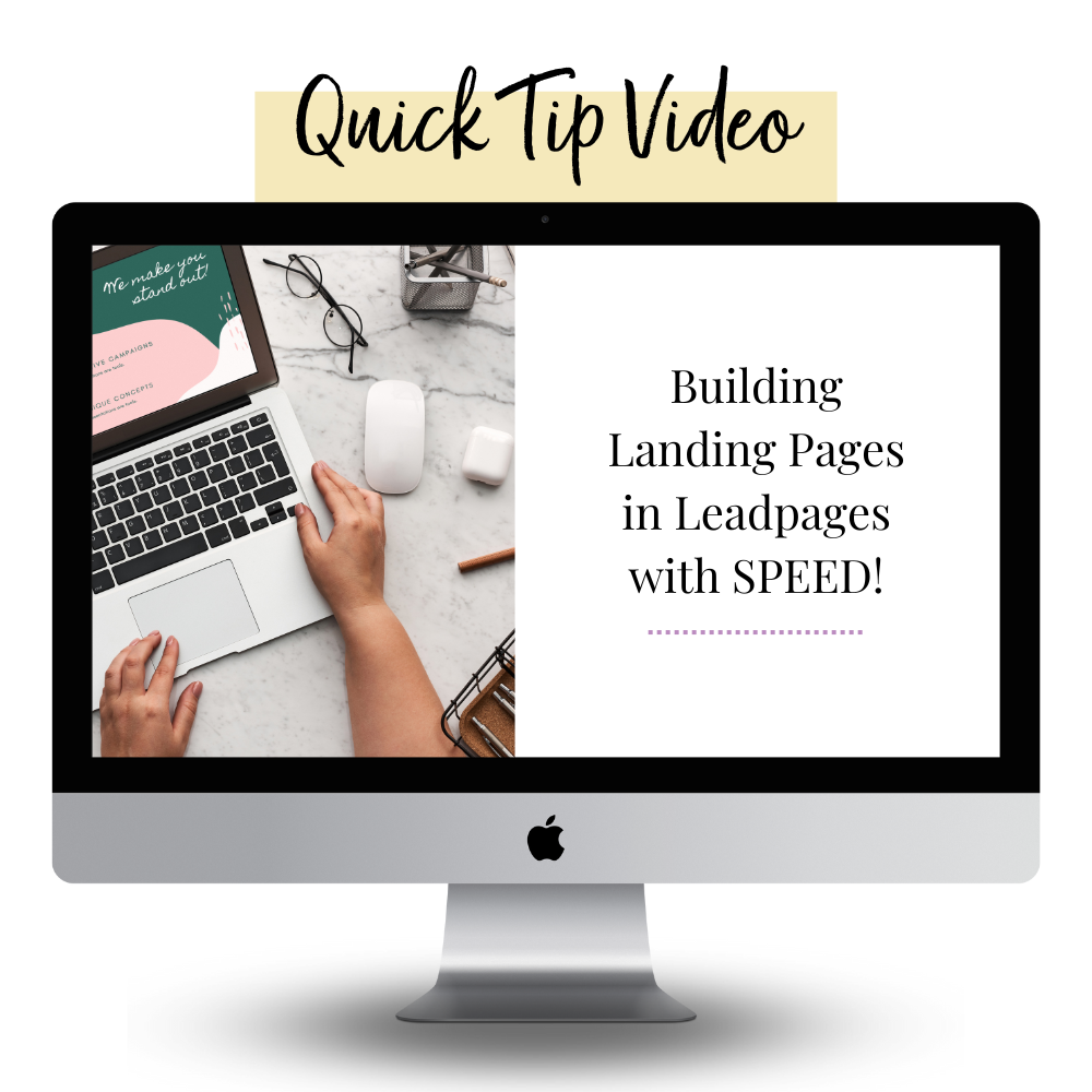 imac mockup with the words building landing pages in leadpages with speed