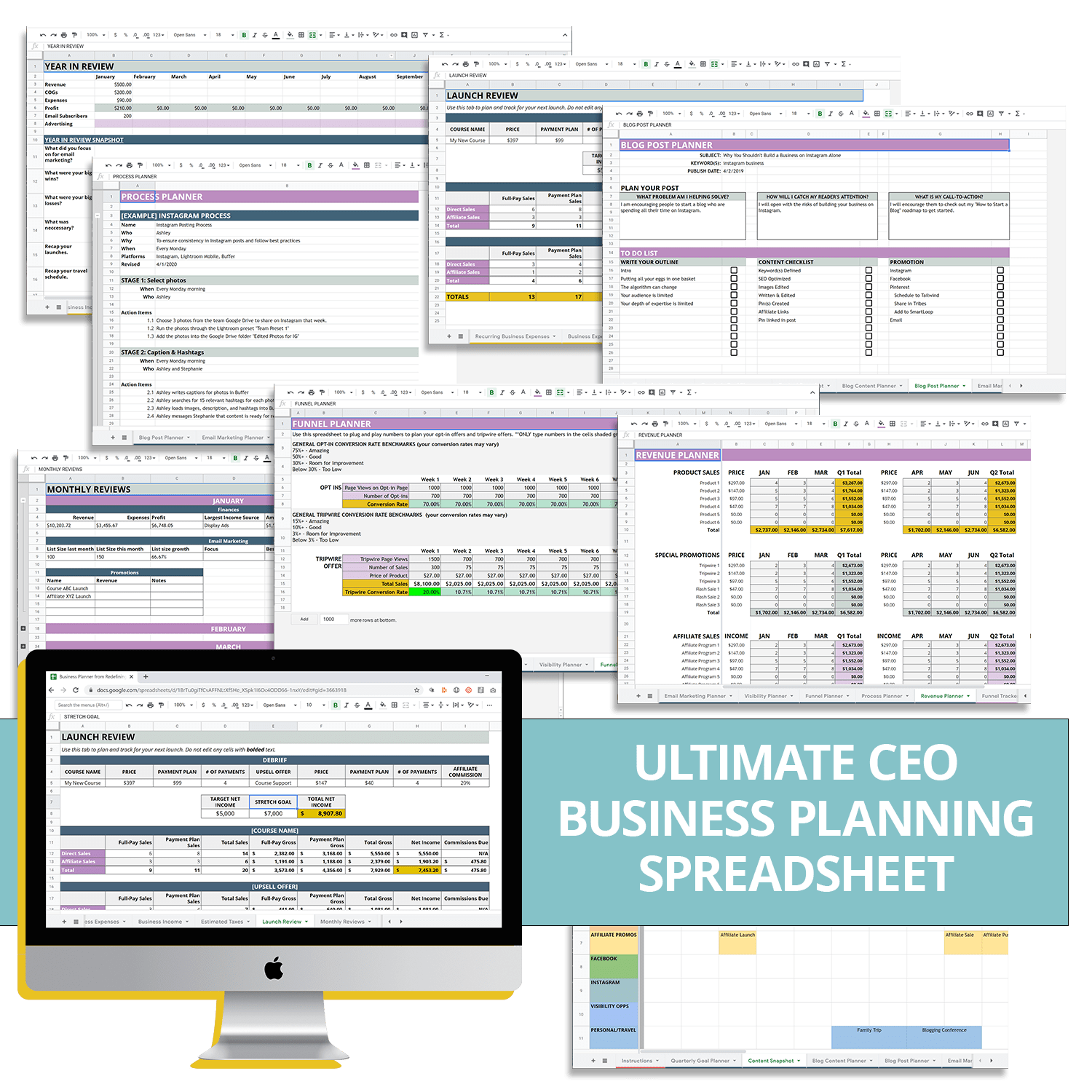 imac mockup of the pages found inside of the ceo business planning spreadsheet for digital products and online business