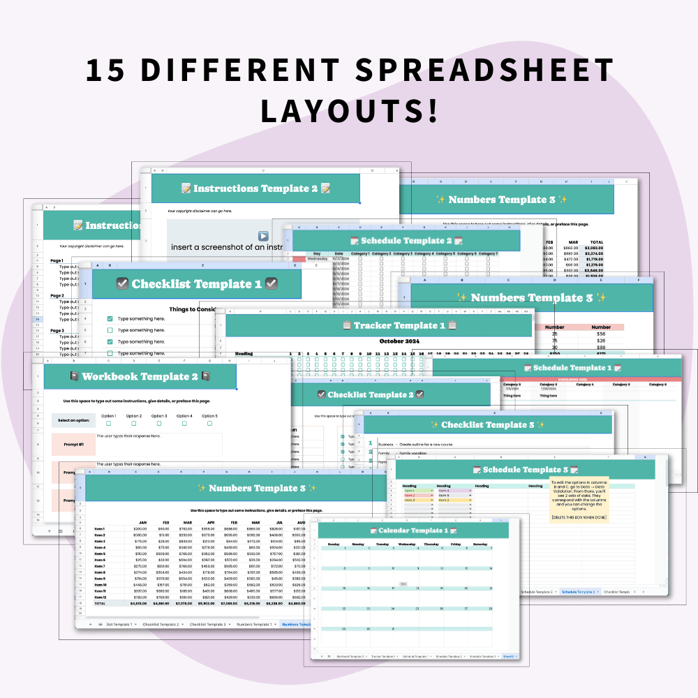 Digital Product Starter Spreadsheet Template - 15 different spreadsheet layouts!