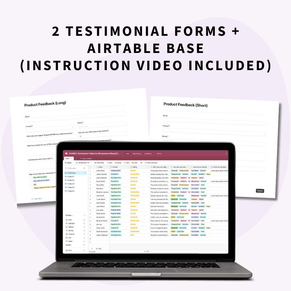 2 Testimonial Forms and an Airtable Base in the Testimonial Collection Mini Kit from the Empowered Shop