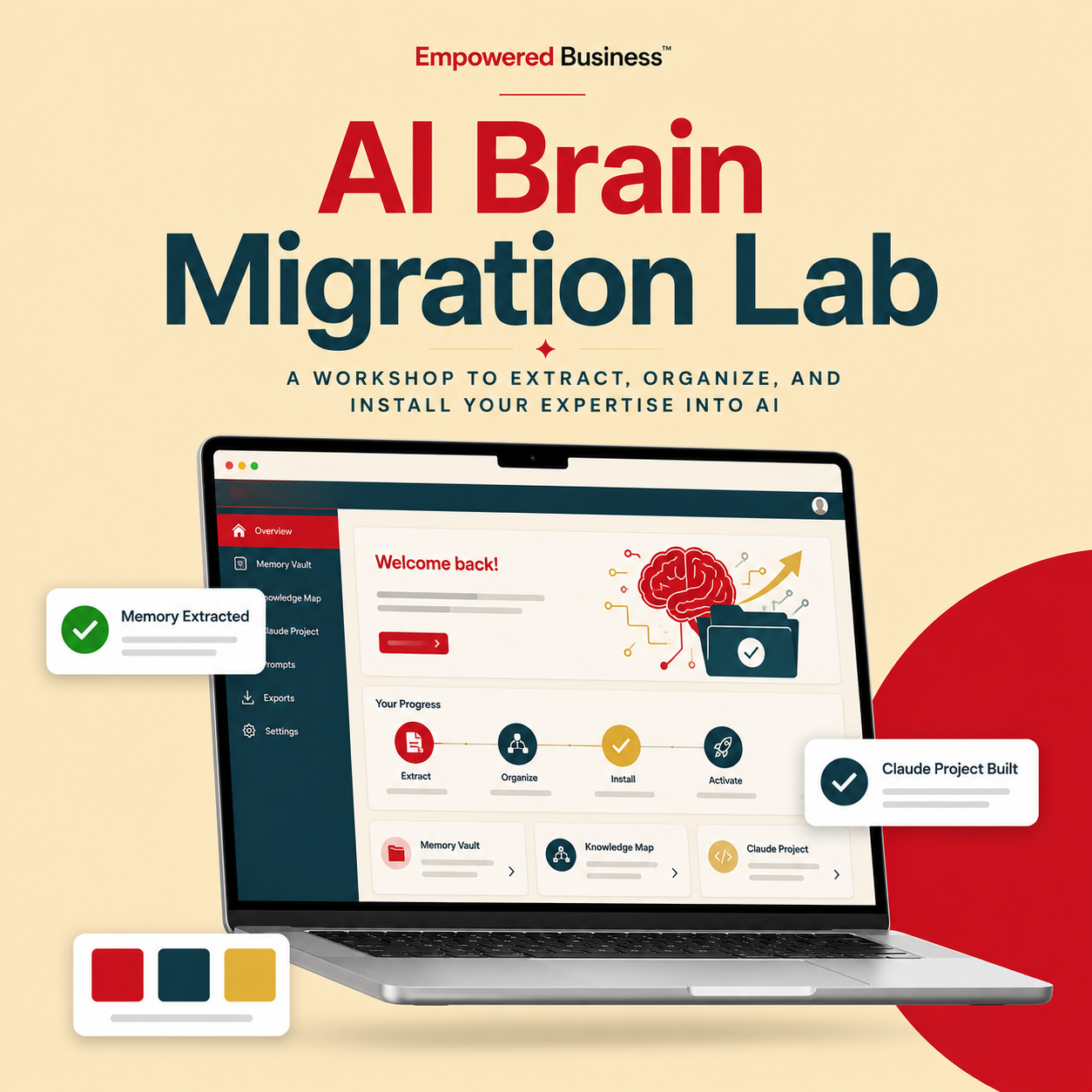 Advertisement for AI Brain Migration Lab with a laptop displaying an AI interface on a beige background.
