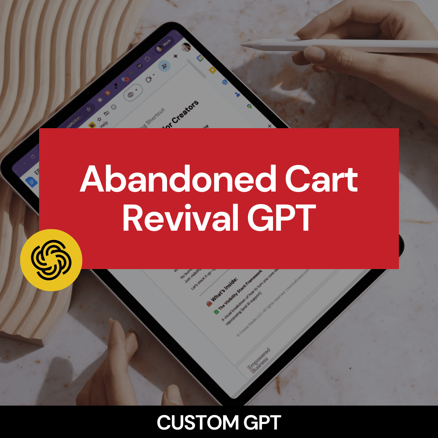 Tablet displaying 'Abandoned Cart Revival GPT' with a red banner and a yellow logo on a blurred background.