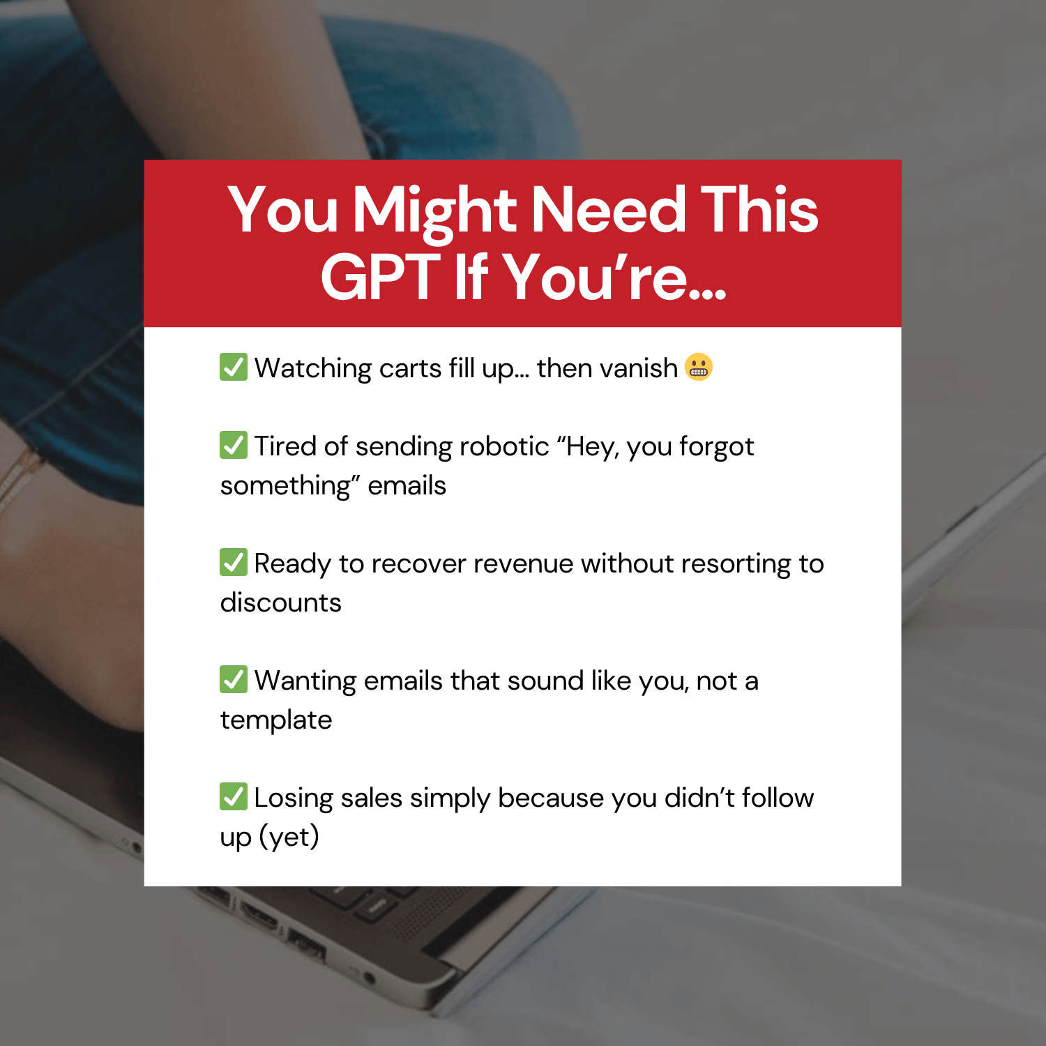 Promotional text overlay on a blurred background with a laptop and person sitting.