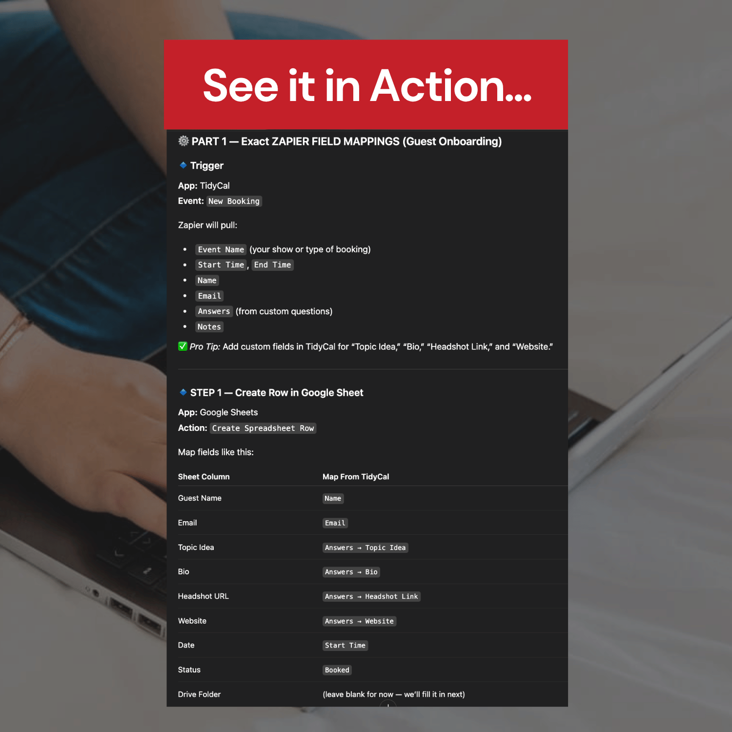 Screen showing Zapier field mappings with a person using a laptop in the background
