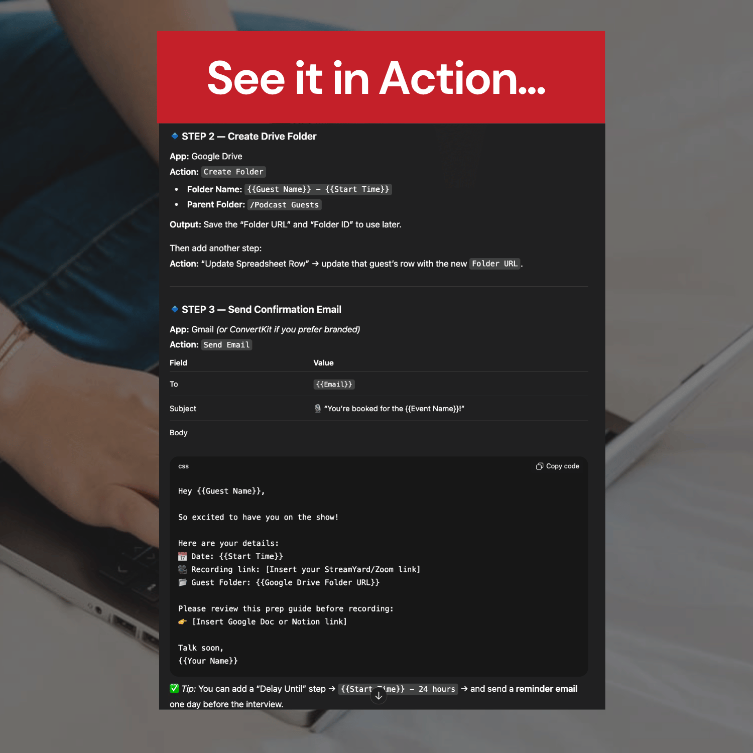 Screen with text and code on a laptop screen, overlayed with promotional text about seeing it in action.