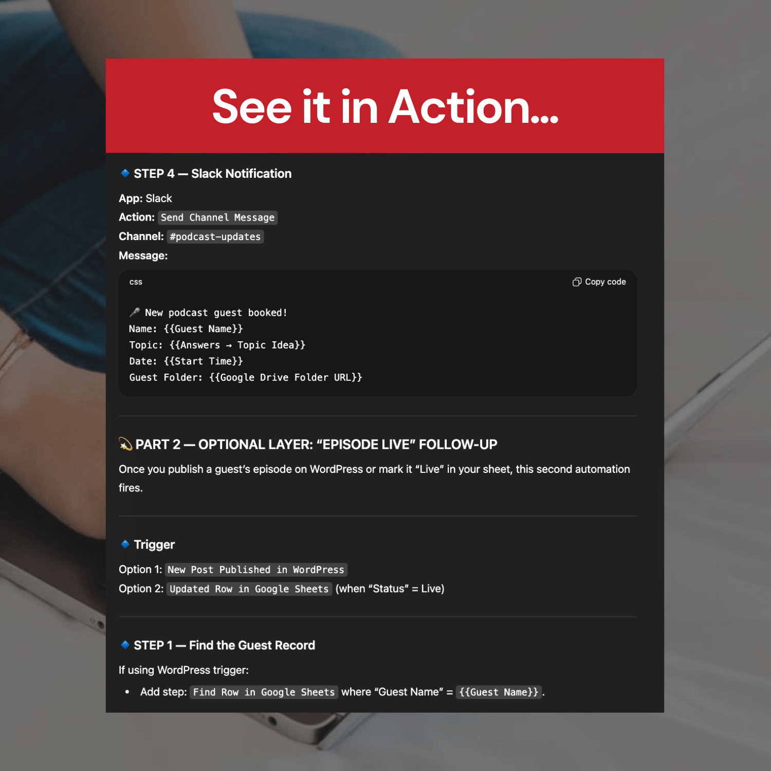Screen showing a workflow automation process with text and checkboxes on a dark background.
