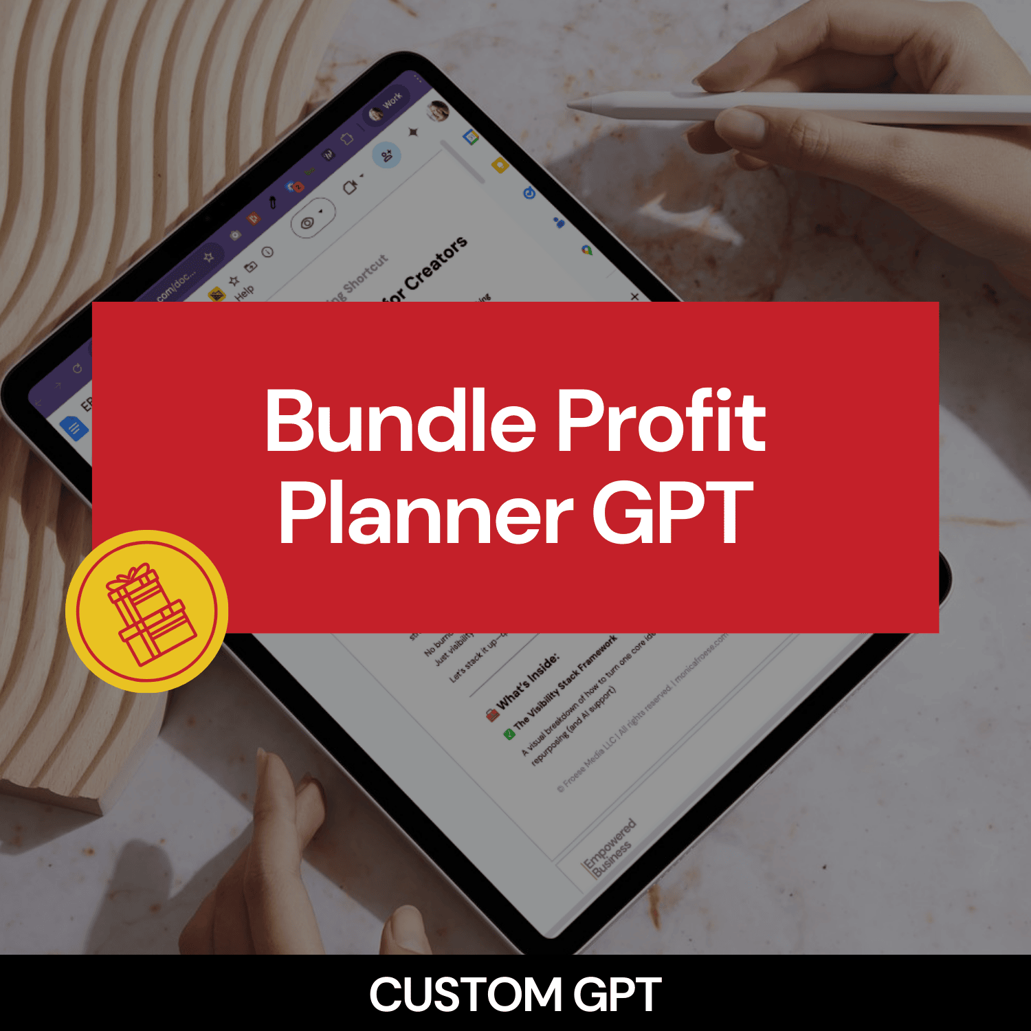 Person using a tablet with 'Bundle Profit Planner GPT' text overlay on a blurred background