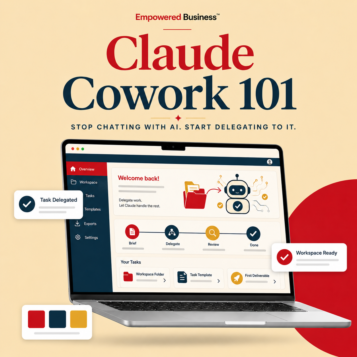 Book cover of 'Claude Cowork 101' by Empowered Business with a laptop displaying an AI interface on a beige background.